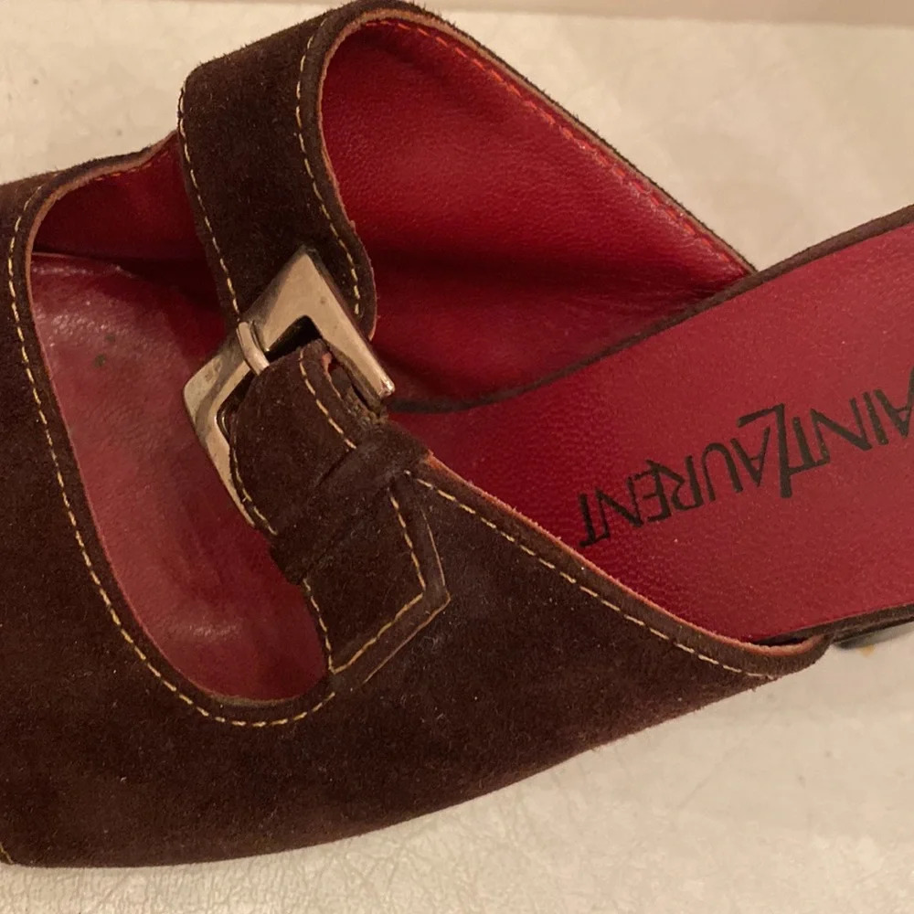 Yves Saint Laurent Brown Suede Vintage Square Toe Buckle Sandal Heel Pumps - Picture 9 of 13